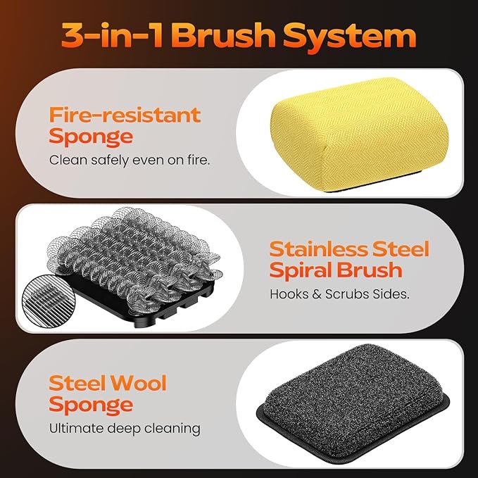 Bristle-Free Electric Grill Brush, Fire-Resistant BBQ Grill Brush, Reciprocating Grill Brush for Outdoor Grill, Grill Cleaner with 3 Heads, Cordless Grill Cleaning Brush with 3600 mAn, Silver
