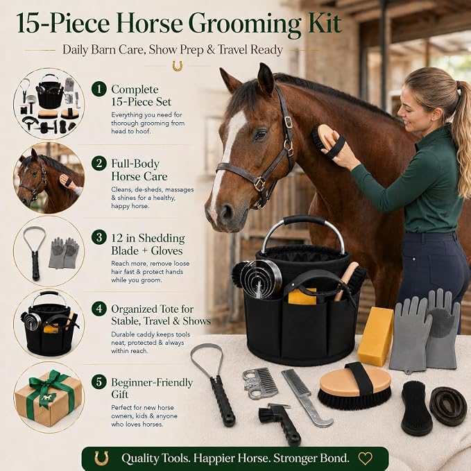 Horse Grooming Kit, 15-Piece Horse Brush Set with Tote Bag, Long Shedding Blade, Hoof Pick, Curry Comb, Sweat Scraper, Mane and Tail Comb, Gloves, Equine Grooming Supplies, Black