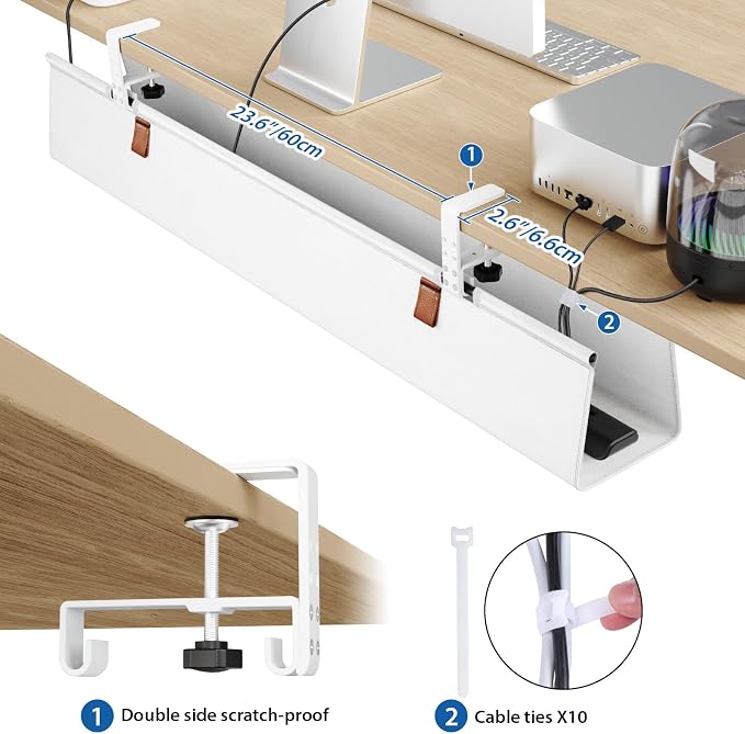 Zilink Large Cable Management Under Desk 40" No Drill Desk Cable Management Clamp/Screw Mount Fabric Cable Tray Sturdy Waterproof Cable Organizer for Office, Home, White