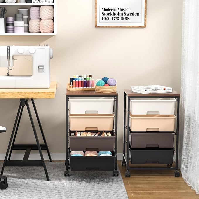 SYKIARIOL Utility Cart with 4 Drawers,Rolling Storage Cart with Drawers,Storage Rolling Drawer Cart,Brown