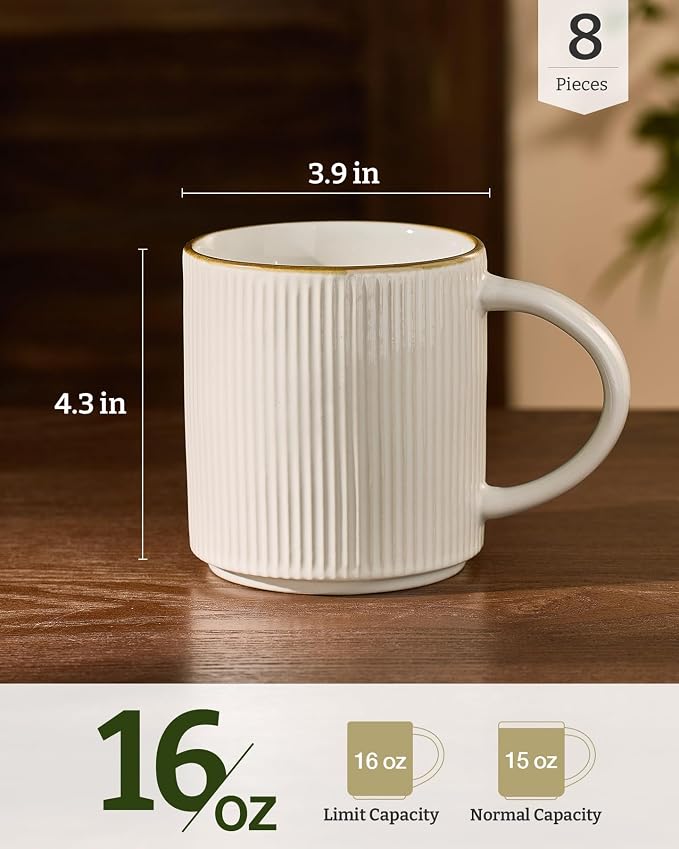 famiware Coffee Mug Set for 8, Star 16 oz Catering Mugs Cup Set with Handle for Coffee, Tea, Cocoa, Milk - Ceramic Stoneware Drinkware Set, White