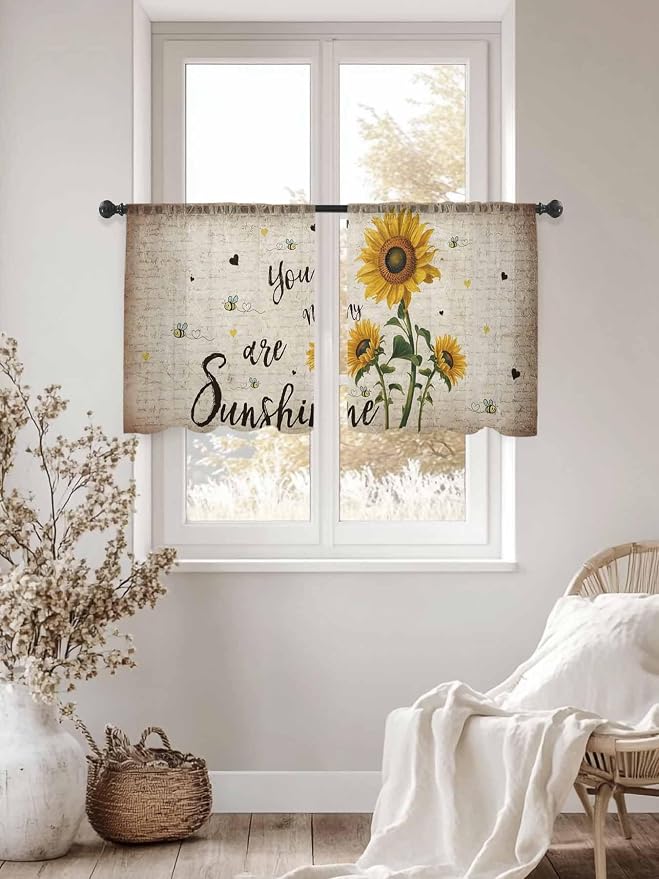 Sunflower Voile Sheer Curtain 54 Inch,Rod Pocket Rustic Yellow Floral Sheer Window Curtain Panels,Vintage Retro Beige Newspaper Letter Short Semi-Sheer Tulle Drape Chiffon Fabric for Living Room