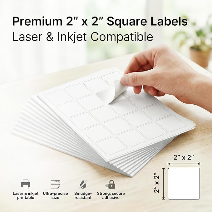 2" X 2" Matte White Printable Labels (250 Sheets, 5000 Stickers) Custom Labels, Logo Stickers, QR Codes for Laser & Inkjet Printers - Spartan Industrial Template S002