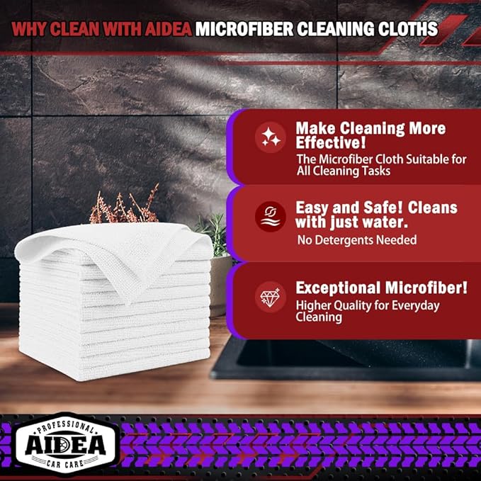 AIDEA Microfiber Cleaning Cloth White, 800PK, Microfiber Towels for Cars, Shop Towels Cleaning Rags, Premium Wash Cloths, Absorbent Towel for SUVs, House, Kitchen, Commercial, Cleaning Supplies 12×12"