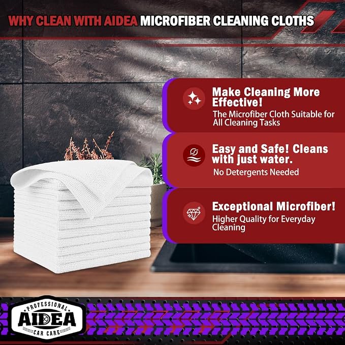 AIDEA Microfiber Cleaning Cloth White, 400PK, Shop Towels 12×12" | Microfiber Towels for Cars, Cleaning Rags, Absorbent Towel for SUVs, House, Kitchen, Commercial, Cleaning Supplies