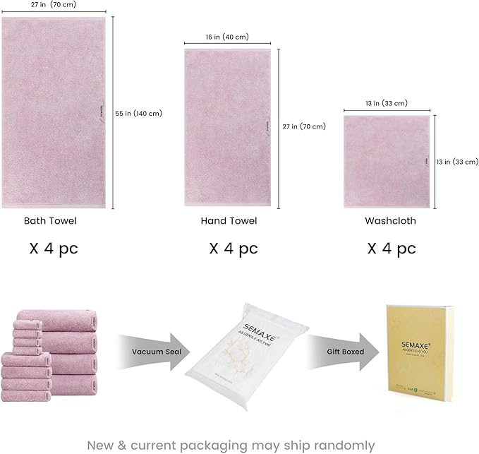 SEMAXE Bath Towel Set, 12 Piece Cotton Towel Set for Bathroom, More Towels for Family Use, Quick Dry with Hanging Loops, Easy Care, Purple