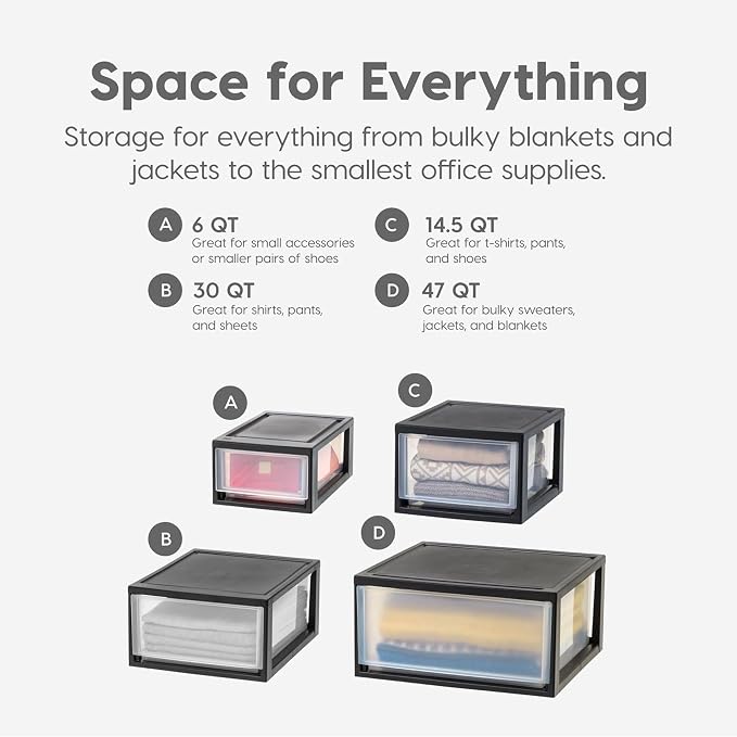 IRIS USA 6 Pack Plastic Drawer Storage Organizer, Stackable Unit with Sliding Drawers for Kitchen, Bathroom, Bedroom, Office, 14.5 Quart, Black