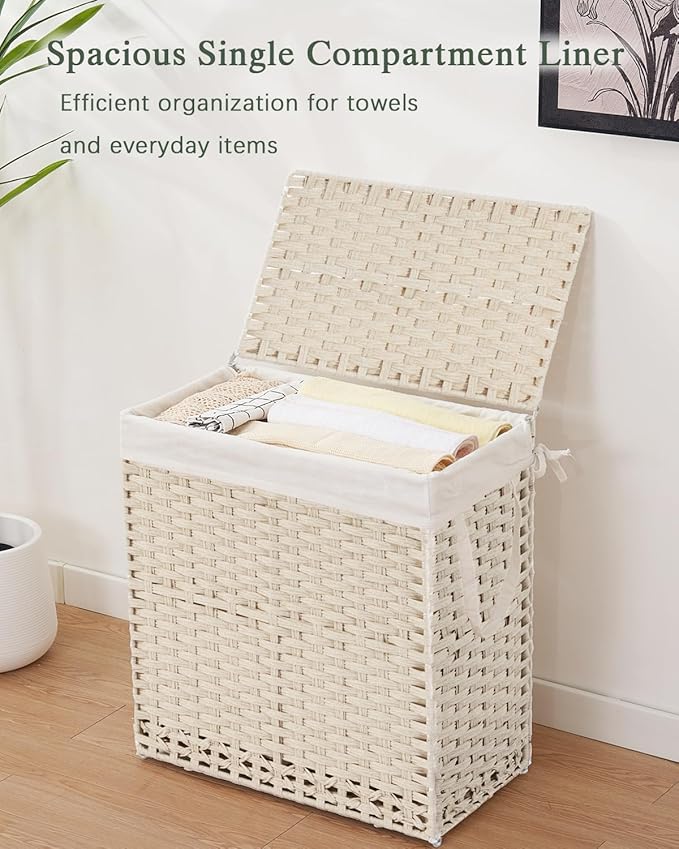 SETVSON Laundry Hamper with Lid PE Rattan Laundry Basket, Light Khaki | Decorative Furniture Look for Bathroom & Bedroom, 2-Section Large Wicker Hamper, 2 Cloth Bags, 6 Mesh Bags Included
