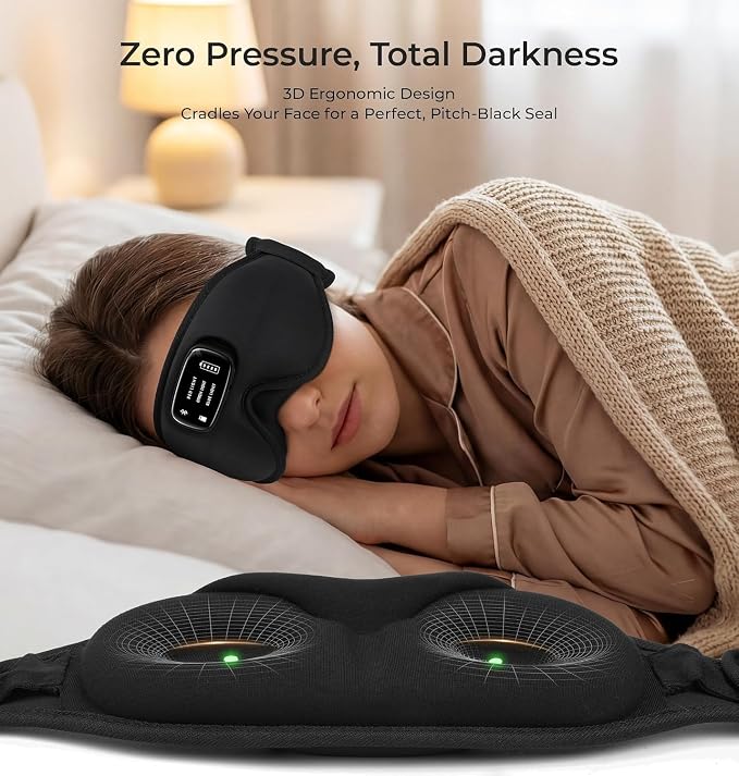 LC-dolida Pro Bluetooth Sleep Mask with White Noise & 3 Lights, Sleep Headphones with Upgrade Chip & Pure Sound, 3D Zero-Pressure Design for Side Sleepers, Total Blackout Soft Sleep Eye Mask, Black