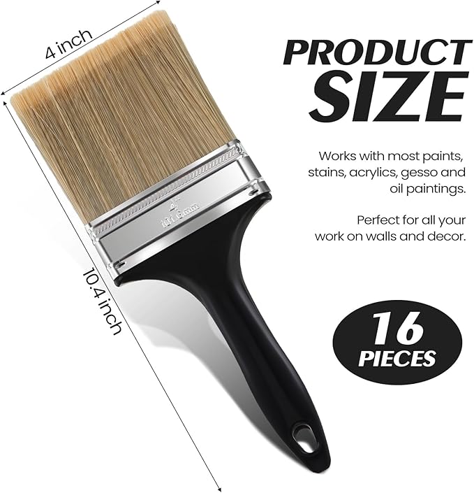 Layhit 16 Pcs Paint Brushes House Chip Paintbrush with Treated Plastic Handles Wide Flat Wall Trim Painting Tool for Paint Stains Wood Cabinet Deck Fence Door Furniture Home DIY (4'')