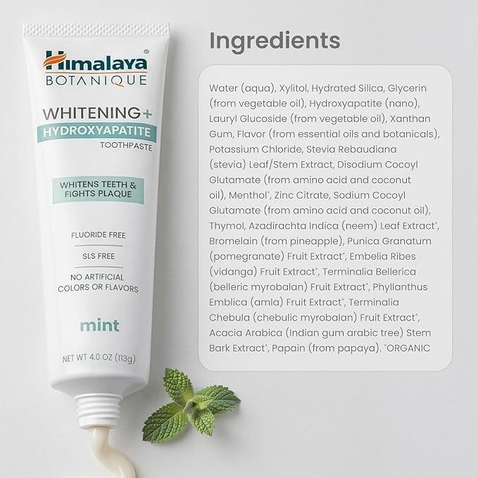 Himalaya Botanique Whitening Hydroxyapatite Toothpaste, Mint, 4 oz, 2 Pack | Nano Hydroxyapatite Toothpaste, Support Enamel Strength & Integrity,Great for Sensitive Teeth, Fluoride Free,SLS Free & Vegan