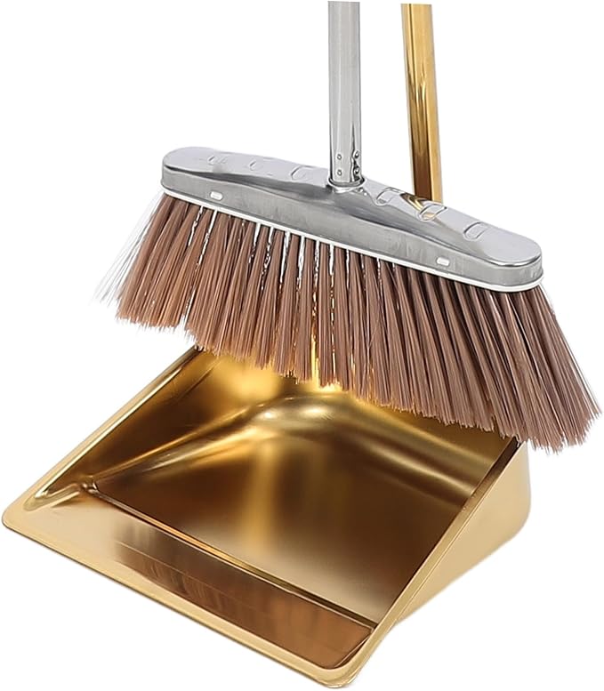 Unomor Heavy-Duty Stainless Steel Broom and Dustpan Set Thick Gold Dustpan for Home Cleaning Sturdy Indoor Broom Ergonomic Handle for Kitchen and Office Use