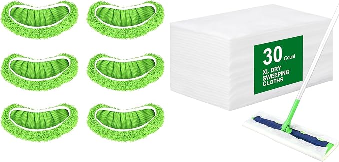 30 Count Disposable XL Dry Sweeping Cloths + 6 Pack Reusable Microfiber Mop Pads for Swiffer Sweeper XL Mop (Mop is not Included)