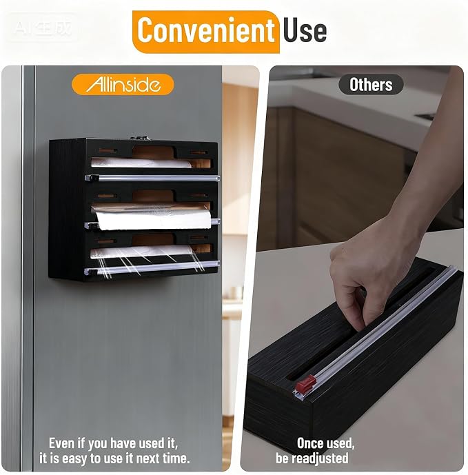 Allinside Magnetic Plastic Wrap Dispenser with Cutter, 3 in 1 Refrigerator Bamboo Wood Organizer for Tin Foil, Baking, Wax Paper Holder Kitchen Storage Box Compatible with 12.9" Roll, Black (3 Layer)