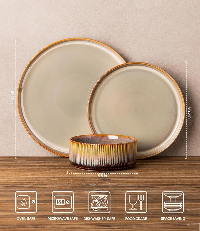 TheTerra Ceramic Dinnerware Sets for 6, 18 Pieces Porcelain Lightweight Plates and Bowls Sets, Scratch Resistant Dish Set, Oven & Microwave & Dishwasher Safe, Creamy Amber
