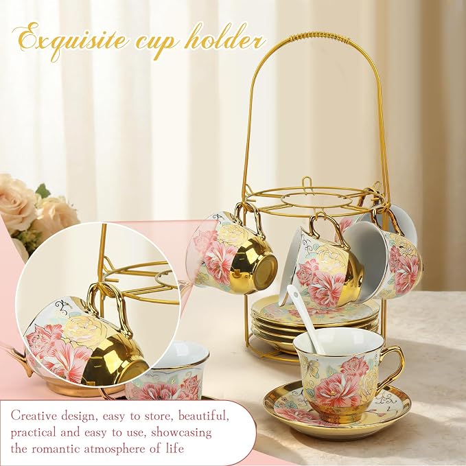 20 Pcs Porcelain Tea Set with Metal Holder and Spoon, European Ceramic Tea Set for Adults, European Flower Painting Teapot Cup Saucer Spoon Set for 6, Gift Pack (Pink and Gold)