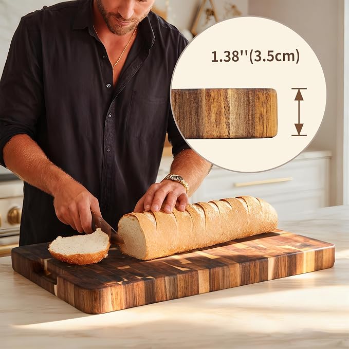 Utoplike Acacia Cutting Board 17 x 12 in, Chopping Boards with Juice Groove | Wood End Grain Reversible Butcher Block with Handles for Meat, Vegetables, Bread, 1.38"Th
