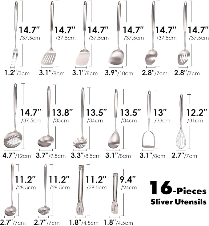 18/10 Stainless Steel Cooking Utensils Set - 16 PCS All Metal Utensils | Kitchen Tools - Whisk, Masher, Fork, Tong, Solid Slotted Spoon, Spatula, Turner, Ladle, Skimmer, Pasta, Small Large Spoon Set