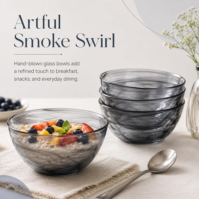 6 Pcs Black Glass Pasta Bowls Set, Elegant Alabaster Ink Swirl Pattern | 4.3 in Mini Soup Bowls for Salad, Cereal, Fruit and Dessert, Elegant Tableware for Kitchen