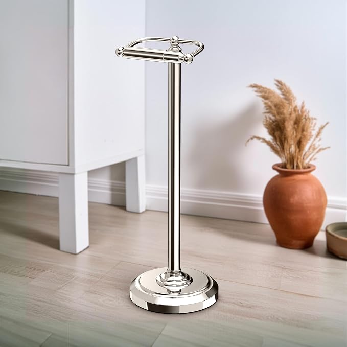 Gatco 1436PN Toilet Paper Holder Stand, Freestanding Floor Stand for Bathroom, Polished Nickel, Weighted Base, 22 Inch