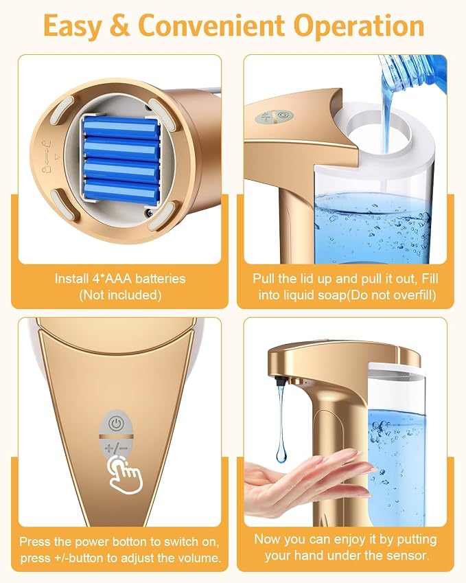Automatic Soap Dispenser, 2 Pack Touchless Liquid Soap Dispensers, 370ml Battery Operated Hand & Dish Soap Dispenser with Infrared Sensor, 3 Dispensing Levels for Kitchen Bathroom, Gold