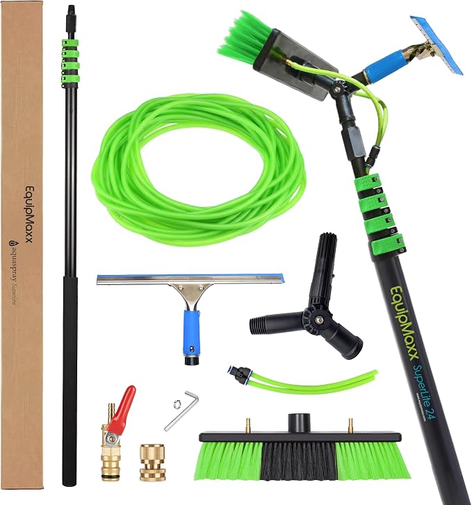 24 Feet Reach Solar Panel Cleaning Brush & Pole Kit Window Cleaner Solar Panel Cleaning System Washing Tool Professional Solution: Scrubber Brush & Spray Washer Water Fed Pole w/Squeegee