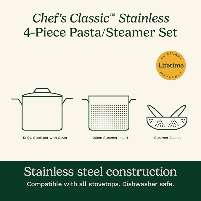 Cuisinart 4-Piece Cookware Set, 12 Quarts, Chef's Classic Stainless Steel Pasta/Steamer, 77-412P1