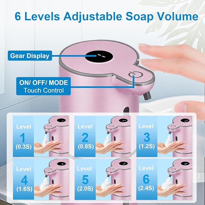 OHIFAST Automatic Foaming Soap Dispenser Touchless, USB Rechargeable Smart Hand Soap Dispenser, 6-Level Adjustable, 12.8oz/380mL Wall Mounted for Bathroom Kitchen Dish Soap-Rose Gold