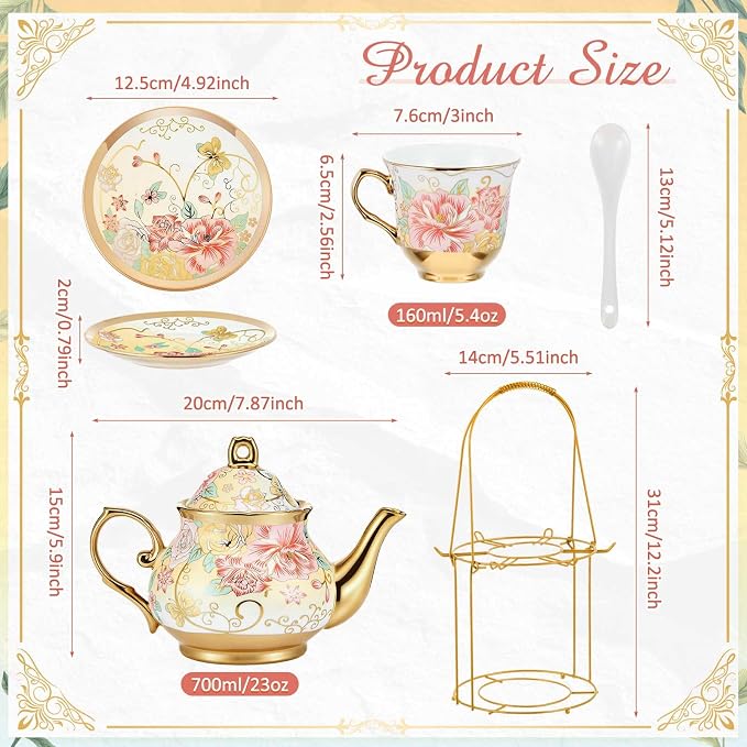 Zhehao 20 Pcs Porcelain Tea Set with Metal Holder and Spoon Adult Ceramic Tea Set European Flower Painting Teapot Cup Saucer Spoon for Women Mom Gift, Large Version (Gorgeous Style)