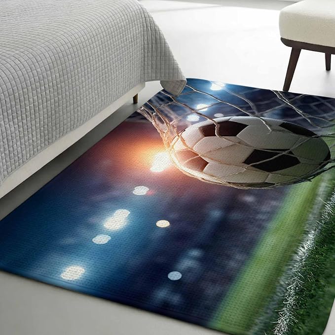 Football Washable Area Rugs for Living Room Bedroom, Large Non Slip Indoor Floor Carpet Absorbent Low Pile Goal Net Soccer Sports Orange Blue Green Door Mat Rugs for Bathroom Entryway 63"x78.7"