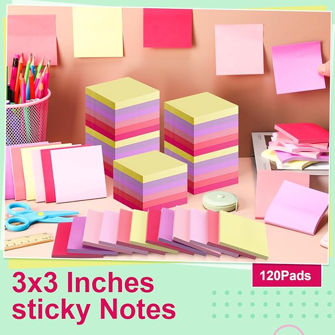 Fainne 120 Pack Sticky Notes Bulk 3 x 3 inch Self Stick Note Pads Multicolor Paper Memo for Office School Supplies Student Teacher Classroom Back to School Essentials, 50 Sheet/Pad(Vivid Color)