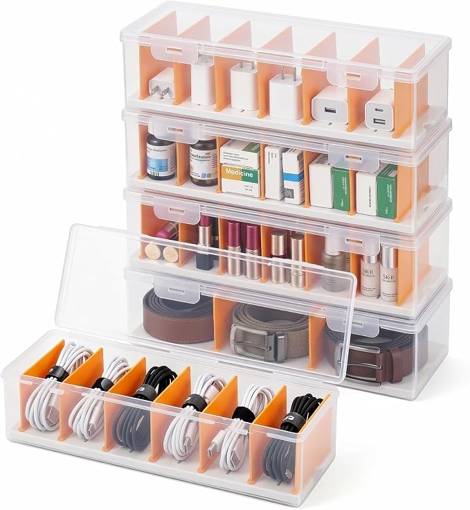 VZZNN 5 Pack Clear Cable Organizer Box with Lid, Plastic Cord Storage Case for Chargers, Power Cords, Electronics Accessories – Transparent Desk Organizer, Stackable, Adjustable Dividers
