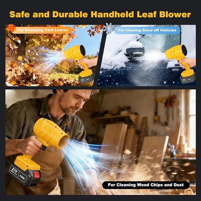 Electric Mini Leaf Blower, Powered Handheld Blower Leaf, Adjustable Wind Speed Cordless 21V Battery Blower with 2 Rechargeable Batteries and Charger, Toolbox, for Yard Leaf & Snow Removal(Yellow)