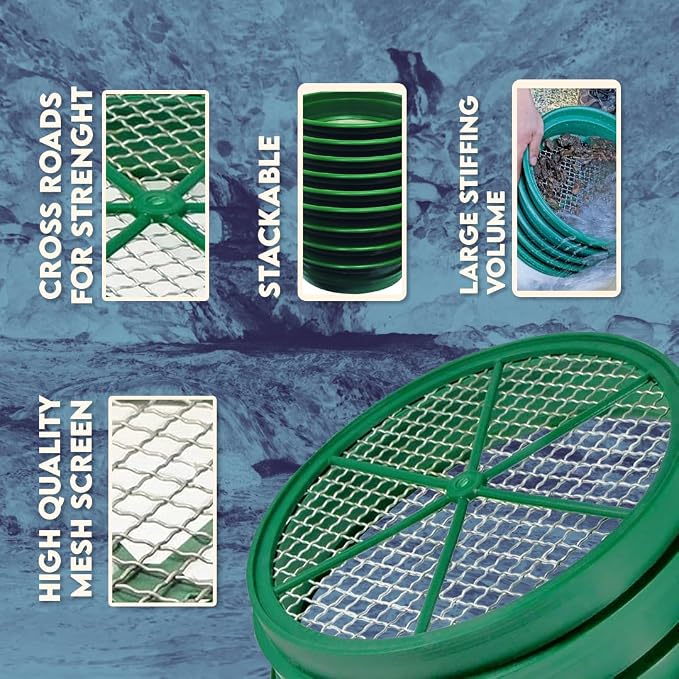 SE 13.25 Inch Wide Stackable Classifier Gold Prospecting Pan - 1/100 Inch Stainless Steel Mesh Sifting Pan, Green