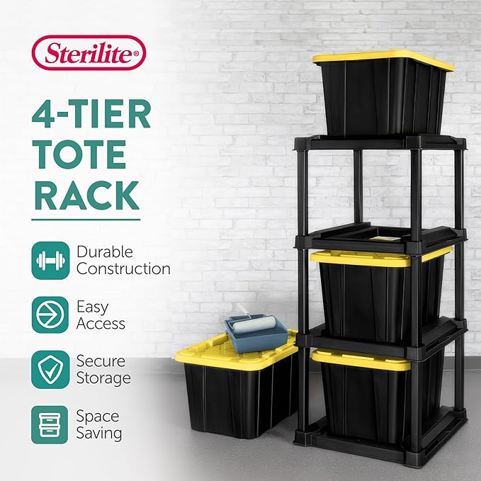 Sterilite 4 Tier Tote Rack, Vertical Plastic Organizer with 4 Pack 27 Gallon Industrial Storage Totes, Black - for Garages, Workshops, or Basements