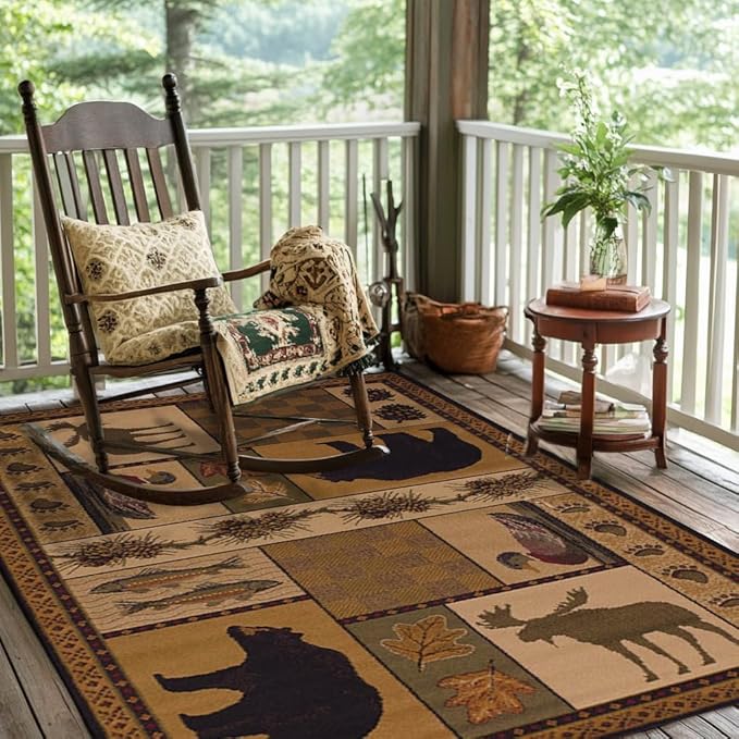 Rustic Cabin Deer Rugs 4x6ft Lodge Bear Fish Area Rug for Laundry Room Dining Room Under Table Non-Slip Wildlife Bear Moose Entryway Mat