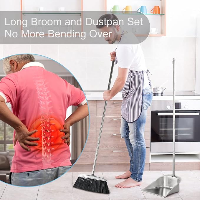 VOOWO Heavy Duty Broom and Dust pan Set, Stainless Steel Broom and Dustpan Set with Long Handle, Broom with Dustpan Set for Home Standing Dust Pan Indoor Outdoor Brooms Dustpan