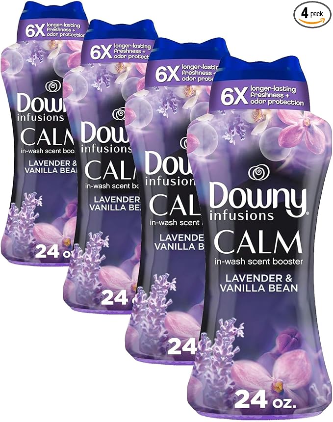 Downy Calm In Wash Laundry Scent Booster Beads, Soothing Lavender And Vanilla Bean Scent, 24.0 OZ, Laundry Scent Beads, Long Lasting Freshness (Pack of 4)