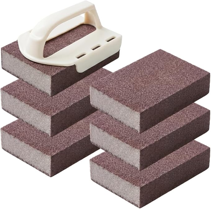 Magics Emery Cleaning Sponge, Pot Scrubber Carborundum Sponge with Handle, Cleaning Eraser Scrub Pads for Cleaning Pots and Pans, BBQ Grill Dish Brush Scouring Pads (Beige 6pcs)