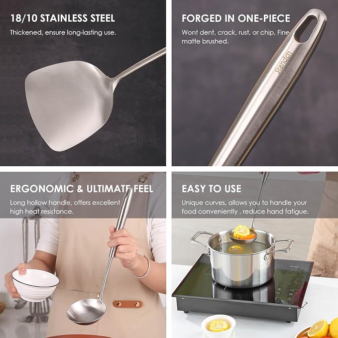 6 PCS All Metal Cooking Utensils Set - 18/10 Stainless Steel Kitchen Tools | Professional Cooking Spoons Set, 15" Spatula, Ladle, Skimmer Spoon, Pasta Serve, Large Spoon, Slotted Spatula Turner