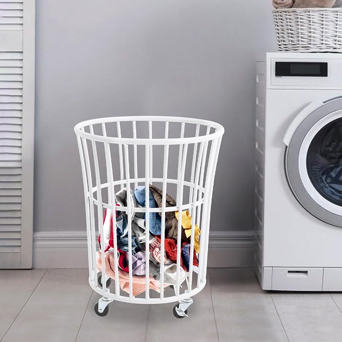 Rolling Laundry Hamper with Wheels Metal Wire Laundry Basket Cart Heavy Duty Clothes Toy Sundries Storage Organize Hamper Bin for Living Room Bathroom Closet Bedroom (White, Round 4)