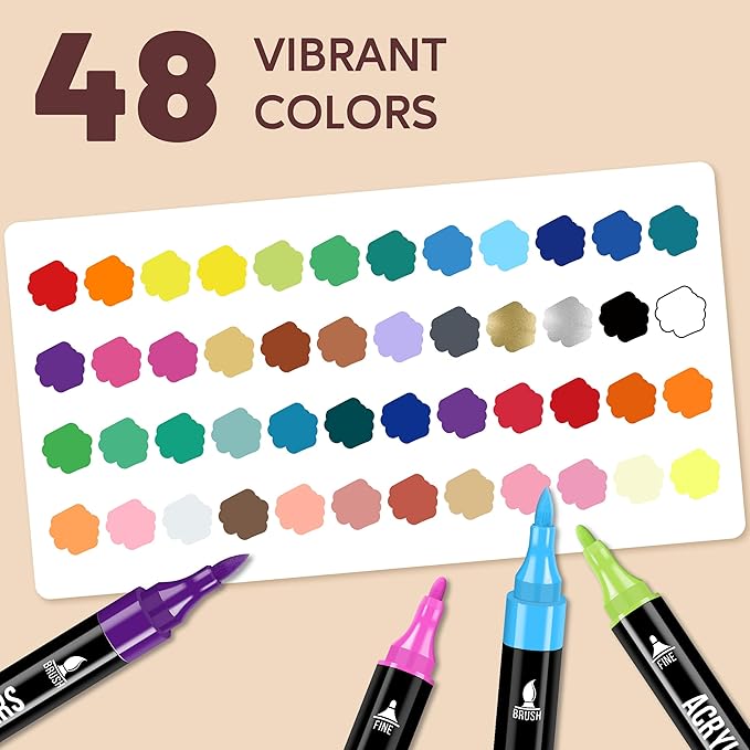 Pagather 48 Colors Acrylic Paint Markers, Dual Tip with Fine Tip and Brush Tip Pens for Stone, Wood, Calligraphy, Canvas, Ceramic, Metal, Glass, Rock Painting, DIY Crafts Art Supplies Kit
