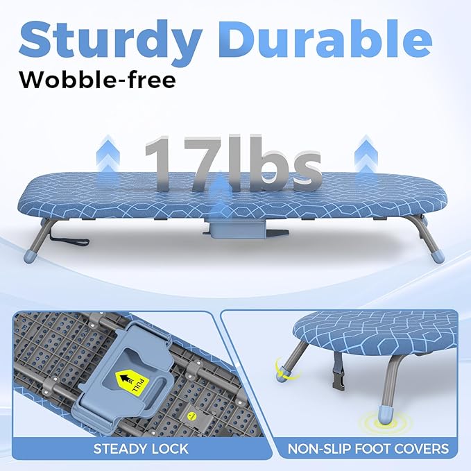 Kingboard Tabletop Ironing Board with Iron Holder, Small Iron Board with Heat Resistant Covers, Portable Mini Ironing Board with Non-Slip Feet for Home Travel, 12 * 32 Blue