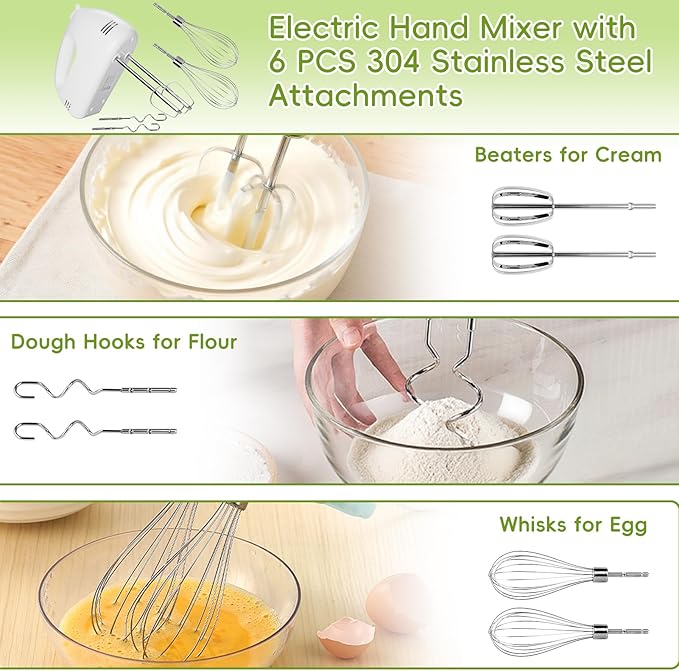 WEPSEN 5-Speed Electric Hand Mixer, 4 Large Mixing Bowls Set, Handheld Mixers with Whisks Beater, Stainless Steel Metal Nesting Bowl Measuring Cups Spoons Kitchen Cake Blender for Baking Supplies