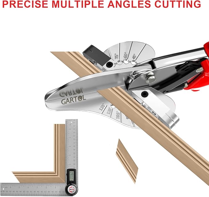 GARTOL Ratchet Miter Shears, Effortless Multi-Angle Cutter for Shoe Moulding & Quarter Round, 45°-135° Adjustable Trim Scissors for Softwood, PVC and Crafting with SK5 Steel Blade & Spare Blade