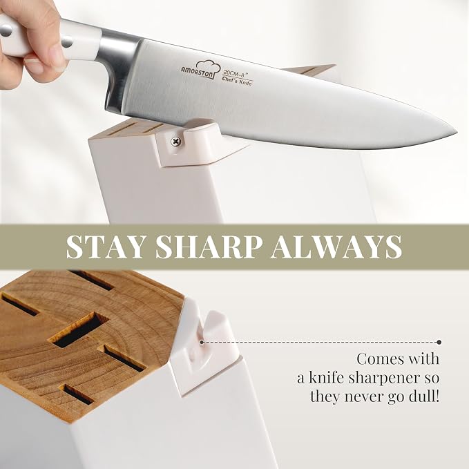 Knife Set, Kitchen Knives Set with Block and Sharpener 14 Pcs Full Tang Knives German Stainless Steel Dishwasher Safe Kitchen Utensils Set with Ergonomic Handle Gifts for Women