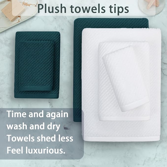 VOOVA & MOVAS 6PC Towel Set, 100% Cotton, Deep Turquoise White | 2 Large Bath 30x56 In, 2 Hand 18x28 In, 2 Wash Cloths 13x13 In, Quick Dry, Thick, Soft, Bathroom Decor Set
