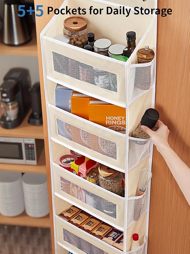 JARLINK Over the Door Organizer for Pantry, Bathroom, 5 Shelf Beige, 2 Pack | Anti-Tilt Design, 44 lb Load Capacity, Hanging Door Organizer with 5 Large Capacity Pockets, Behind Door Storage for Nursery