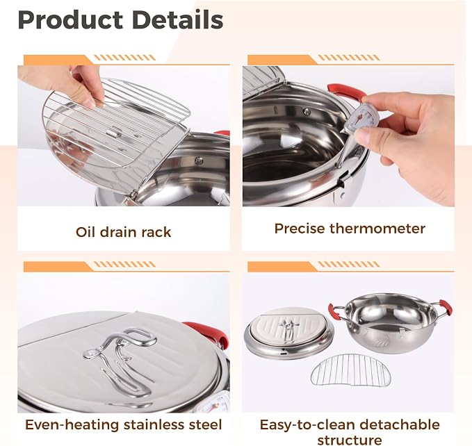 Deep Fryer Pot with Tongs, Stainless Steel Japanese Fryer with Temperature Control and Oil Drip Drainer Rack, Japanese Tempura Pot Set for French Fries Chicken Japanese Tempura (11 Inch)