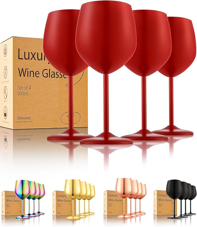 UNISWEET Unbreakable Stainless Steel Wine Glasses Set of 4, Matte Red | 17oz Unique Fancy Metal Wine Goblets, Shatterproof, Ideal for Outdoor, Camping, Travel, Pool, Great Gift for Wine Lovers